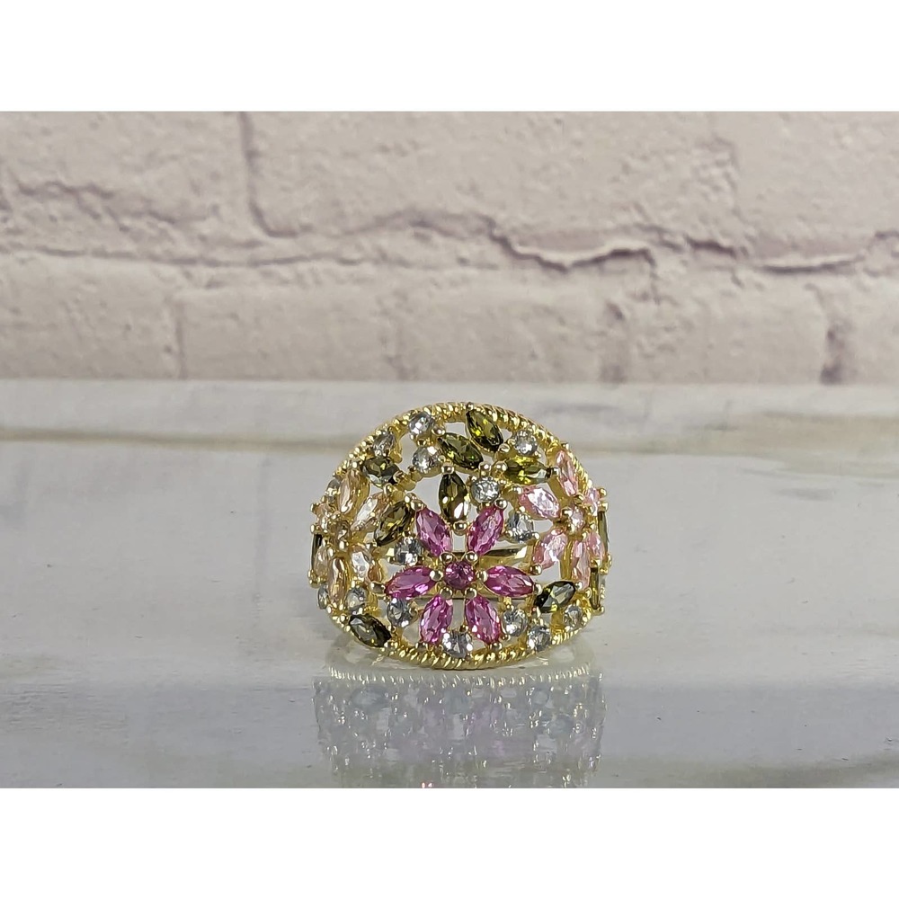 Cate d'Argent Gold Tone Sterling Silver 925 Pink Floral Bouquet Ring